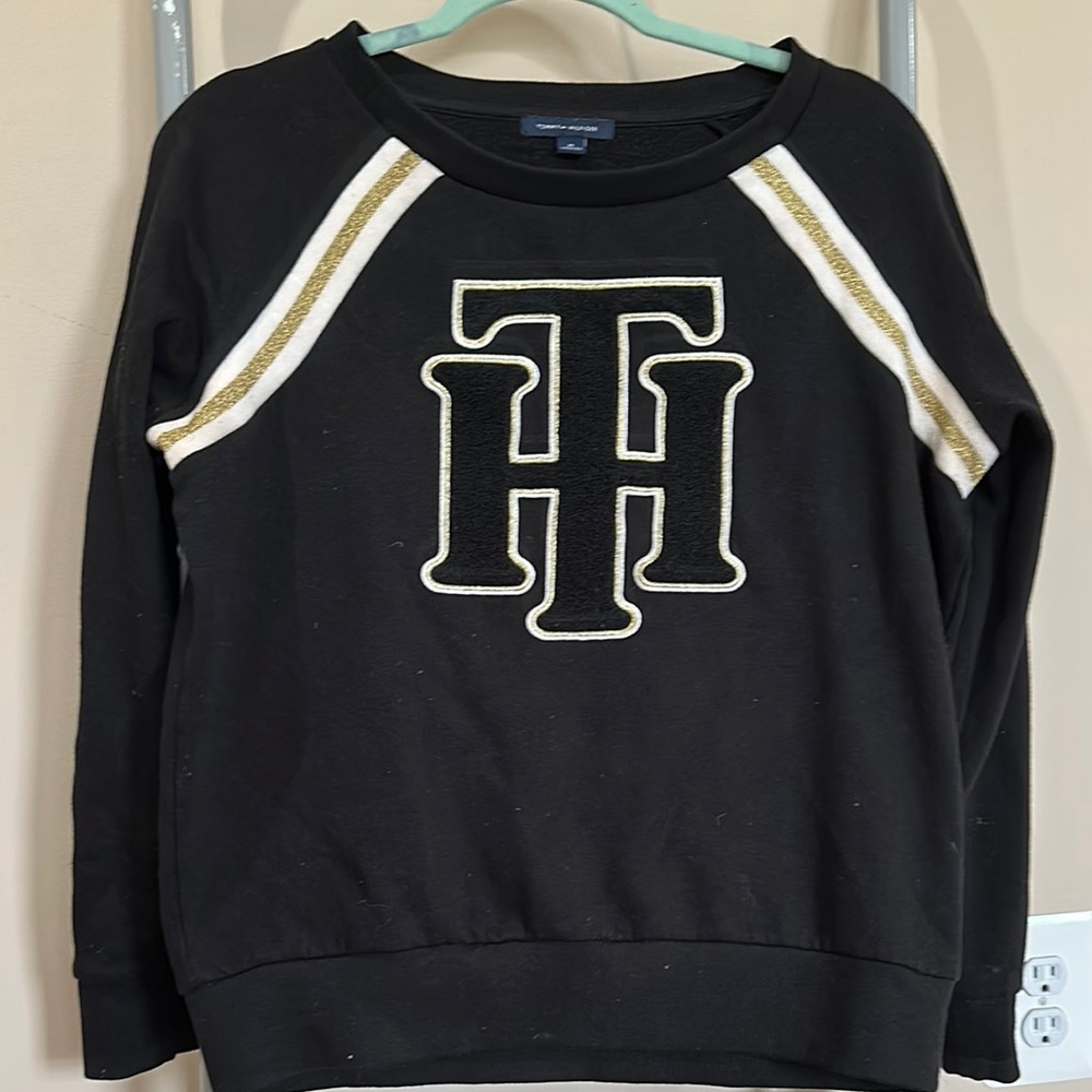 Tommy Hilfiger Black Sweatshirt with Gold and White Stripes